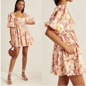 NEW Abercrombie & Fitch EMERSON POPLIN Floral Puff Sleeve Mini Dress WOMEN M